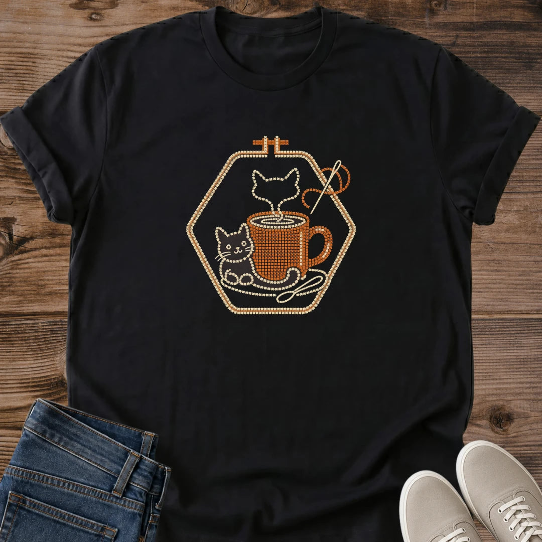 Black Purrfect Brew cat and coffee graphic tee with a cozy vintage-style design