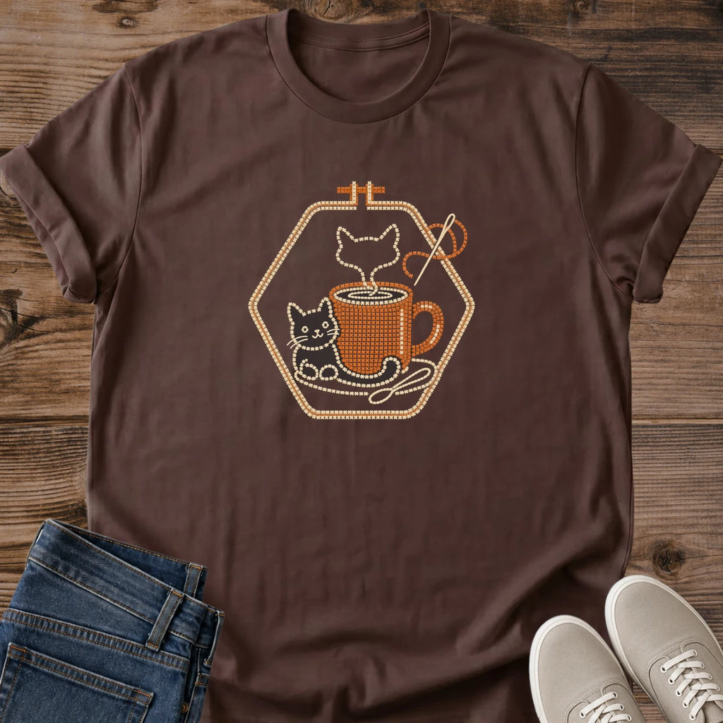 Dark chocolate Purrfect Brew cat coffee T-shirt with nostalgic feline and coffee artwork
