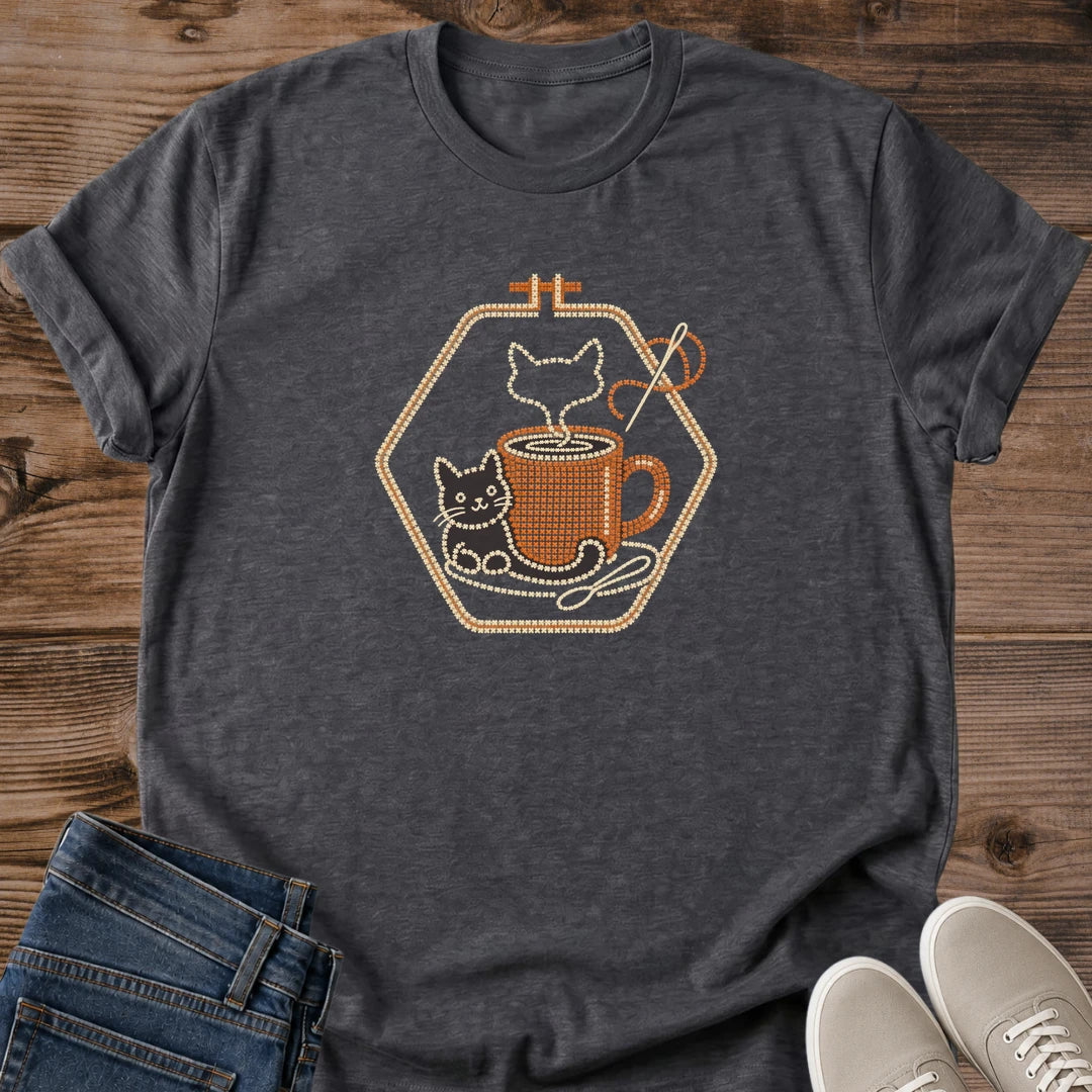 Dark heather Purrfect Brew cat and coffee T-shirt with a vintage-inspired feline coffee graphic