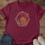 Maroon Purrfect Brew cat coffee lover tee with a retro-style cat and coffee illustration