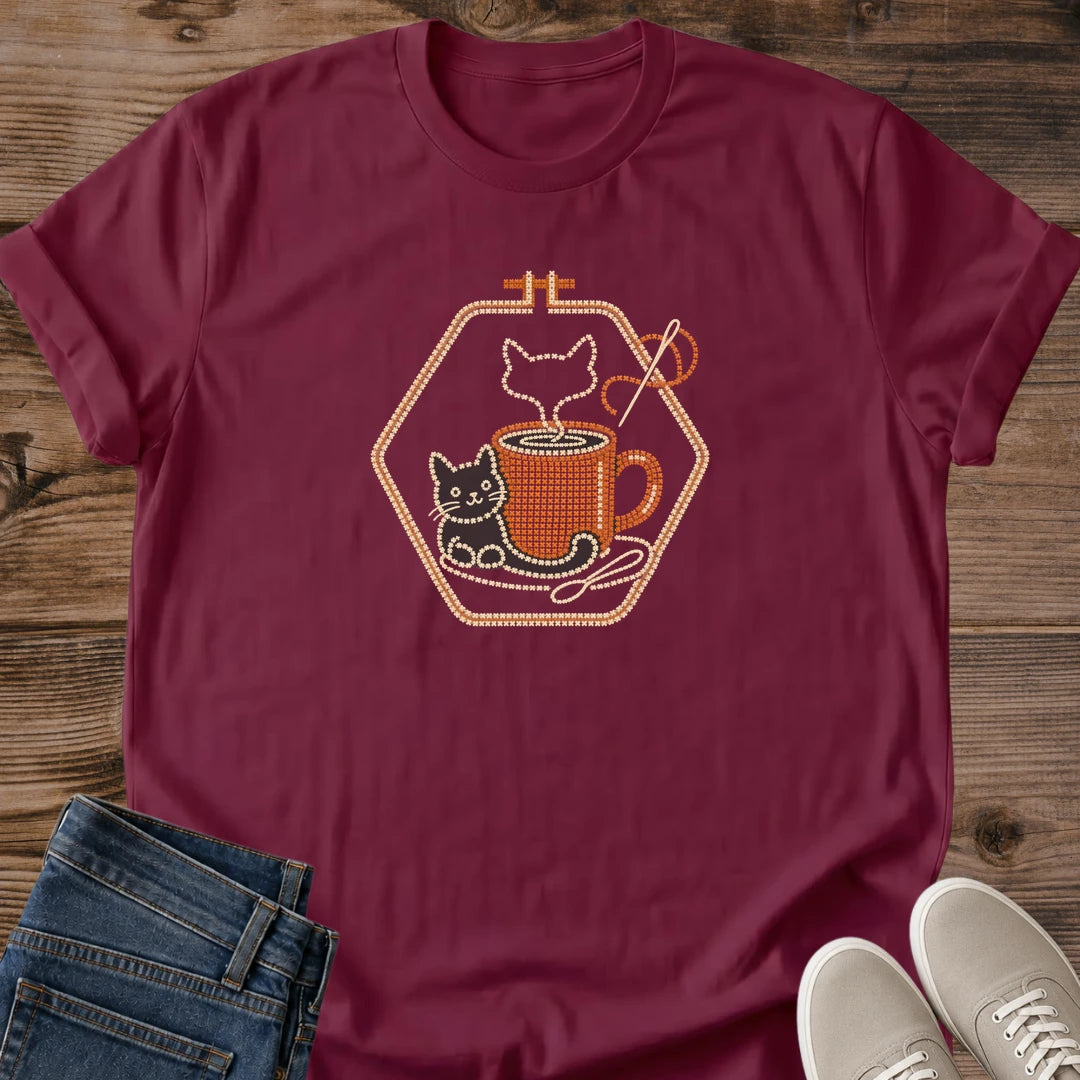 Maroon Purrfect Brew cat coffee lover tee with a retro-style cat and coffee illustration