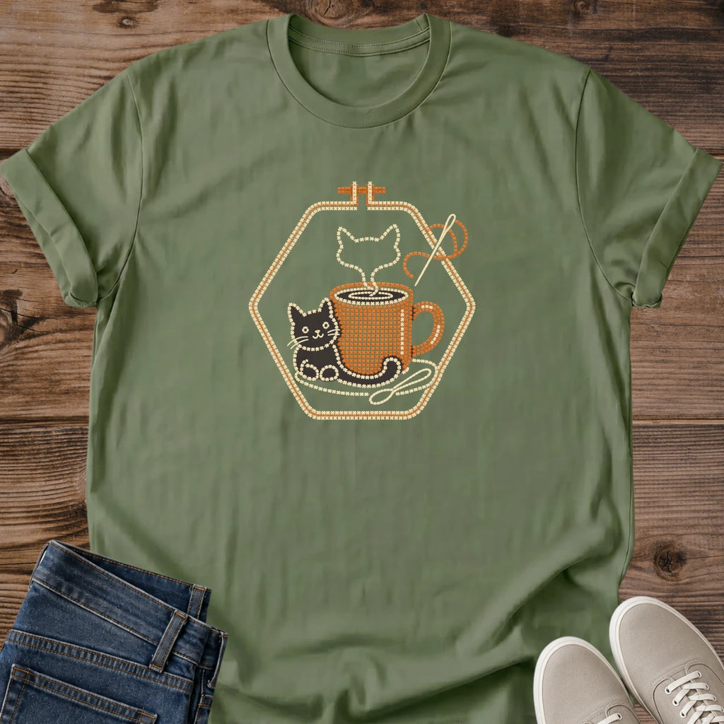 Military green Purrfect Brew cat and coffee graphic T-shirt for coffee-loving cat owners