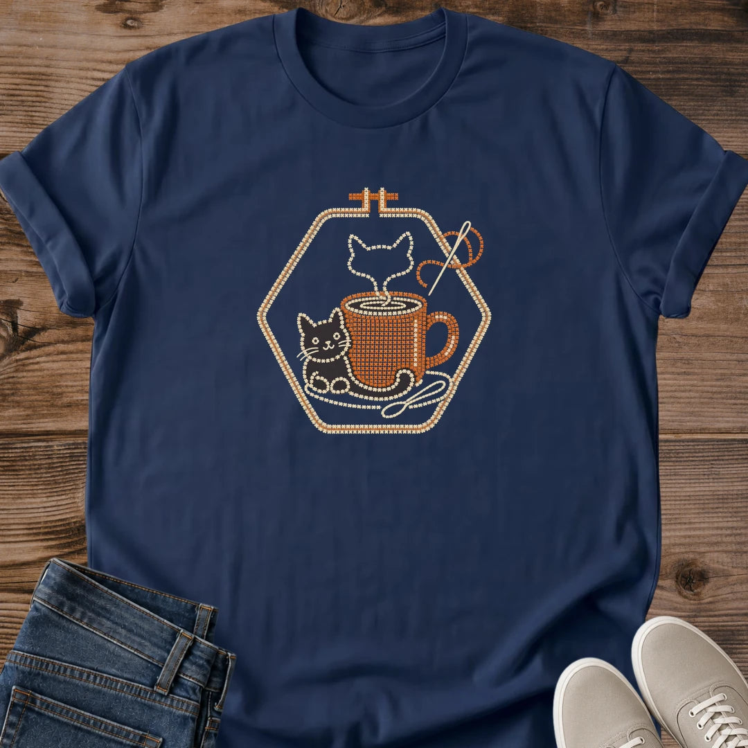 Navy Purrfect Brew cat coffee lover shirt featuring a retro cat and coffee illustration