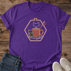 Purple Purrfect Brew cat lover coffee T-shirt featuring a vintage-inspired cat and coffee graphic