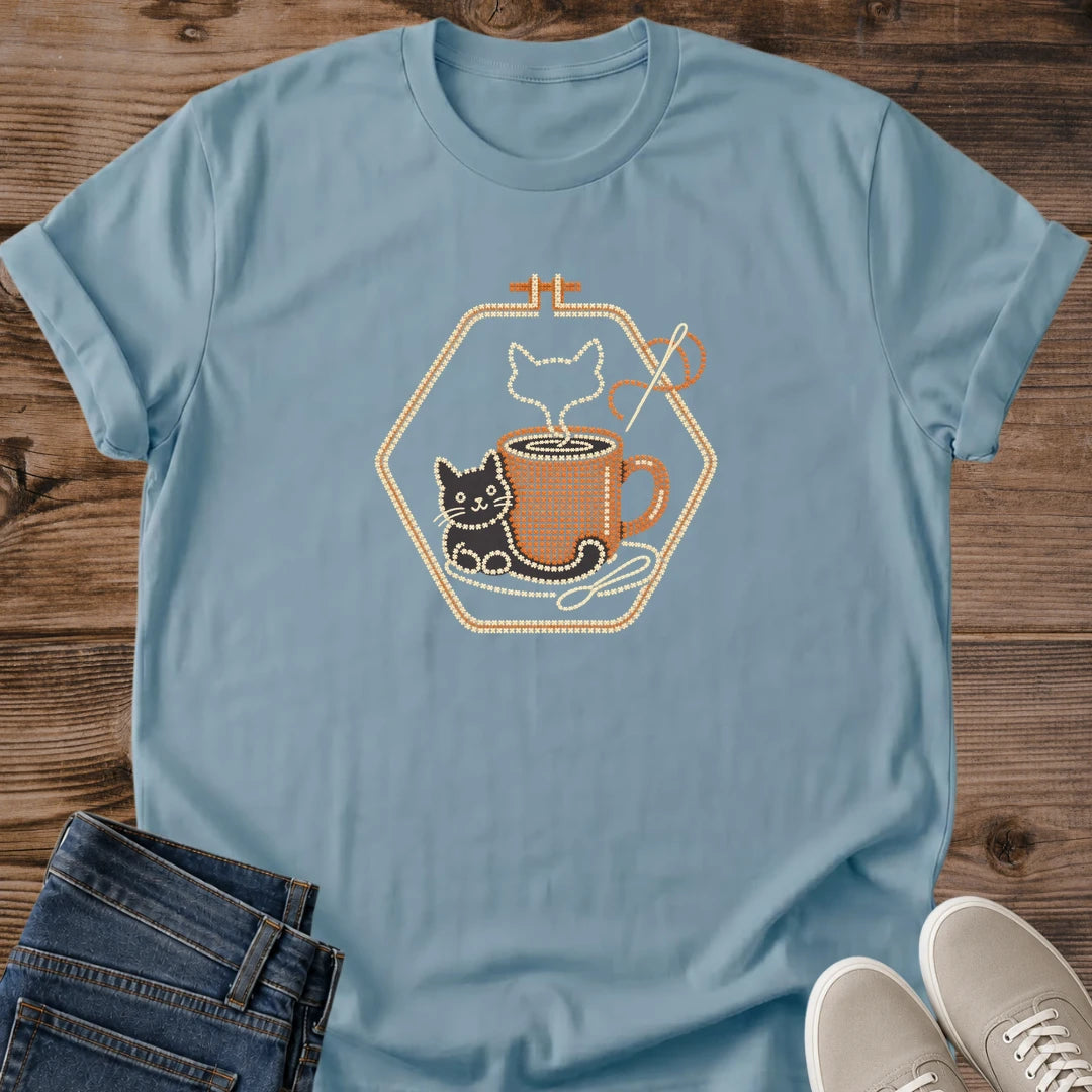 Stone blue Purrfect Brew cat and coffee shirt featuring a vintage-inspired coffee and feline graphic