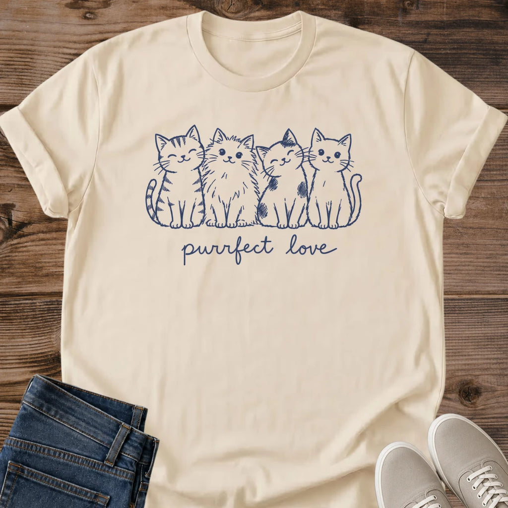 Sand beige Gildan 64000 unisex Purrfect Love Four Cats T-shirt laid flat on rustic wooden planks with rolled short sleeves and a crew neck. A centered navy line-art illustration shows four cats sitting shoulder to shoulder, their striped, fluffy, patch-marked and smooth coats creating distinct silhouettes. Lowercase "purrfect love" script sits underneath. Folded dark blue jeans overlap the lower left edge, with light gray sneakers at the lower right.