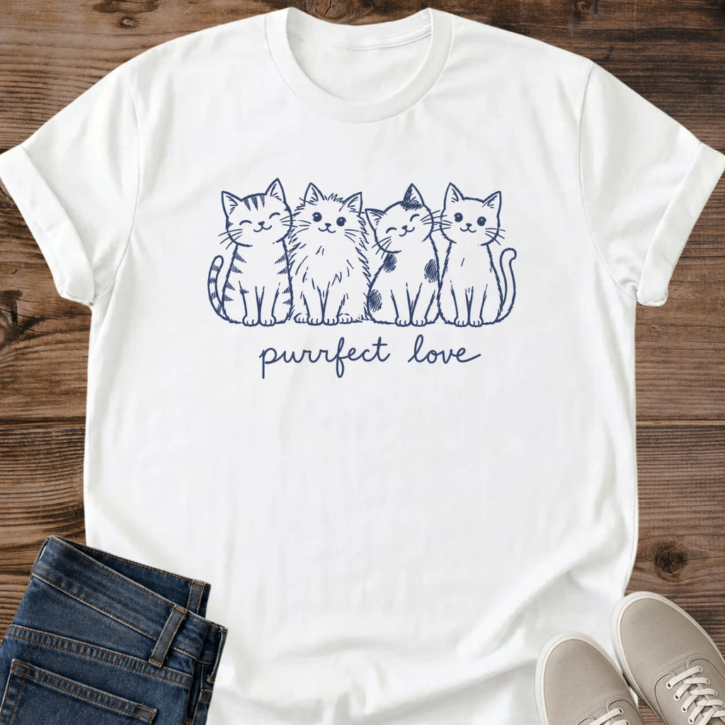 White Gildan 64000 unisex Purrfect Love cat T-shirt in a flat lay on rustic wood with folded blue jeans and light gray sneakers. The navy chest illustration shows four seated cats in a row, including a striped tabby, a fluffy longhaired cat, a cat with dark patches and a smooth-coated cat with a curved tail. Fine whiskers and expressive faces sit above handwritten "purrfect love" lettering. The front view shows a crew neck and rolled short sleeves.