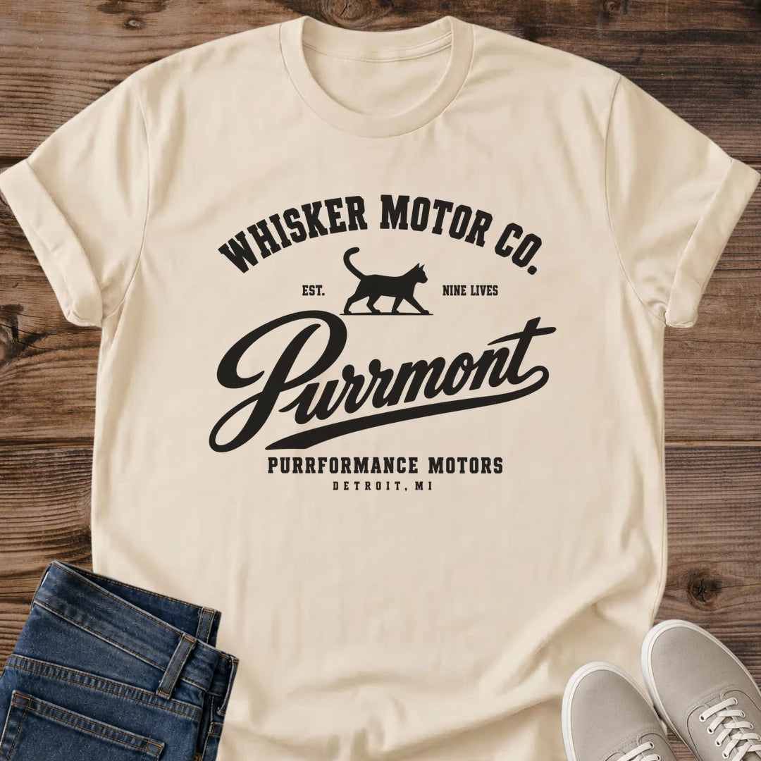 Vintage Cat Graphic Tee Retro Racing Design Soft Ring Spun Cotton Comfortable Breathable Fabric Lightweight Construction Playful Whisker Motor Theme Nostalgic Aesthetic Appeal Perfect Cat Lover Gift Casual Everyday Wear Relaxed Style