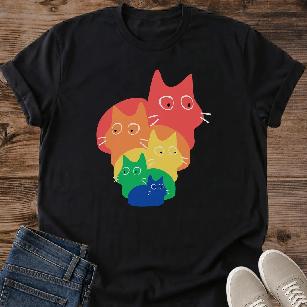 Soft Ring Spun Cotton Tee Cat Graphic Design Colorful Rainbow Stack Print Five Cats Artwork Comfortable Casual Shirt Lightweight Breathable Fabric Pet Lover Fashion Crewneck Style Apparel Fun Playful Design Statement Everyday Wear Essential