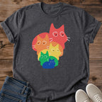 Casual Wear Cat Shirt Rainbow Colorful Design Graphic Tee Soft Comfortable Cotton Fabric Five Cat Stack Print Lightweight Crewneck Style Pet Themed Apparel Fun Playful Artwork Design Breathable Material Everyday Outfit Essential Cat Lover