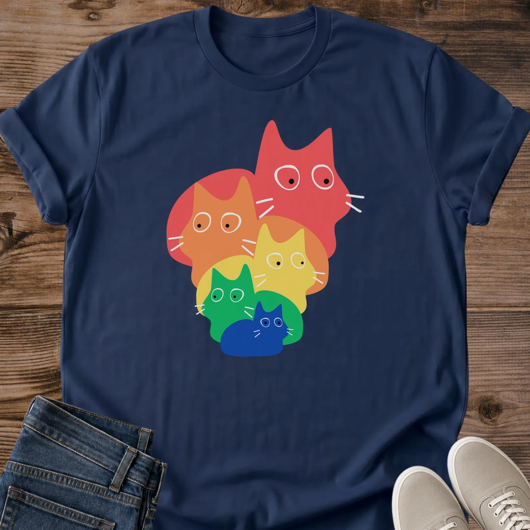Graphic Tee Cat Design Colorful Rainbow Print Stack Of Five Cats Soft Cotton Shirt Pet Lover Apparel Comfortable Casual Wear Lightweight Breathable Fabric Crewneck Style Shirt Fun Playful Design Artwork Everyday Fashion Essential Cat Owner