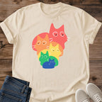 Cat Lover Gift Colorful Rainbow Design T Shirt Five Cat Stack Graphic Print Soft Cotton Tee Pet Owner Present Playful Artwork Style Comfortable Casual Wear Lightweight Fabric Crewneck Shirt Animal Enthusiast Apparel Fun Fashion Statement
