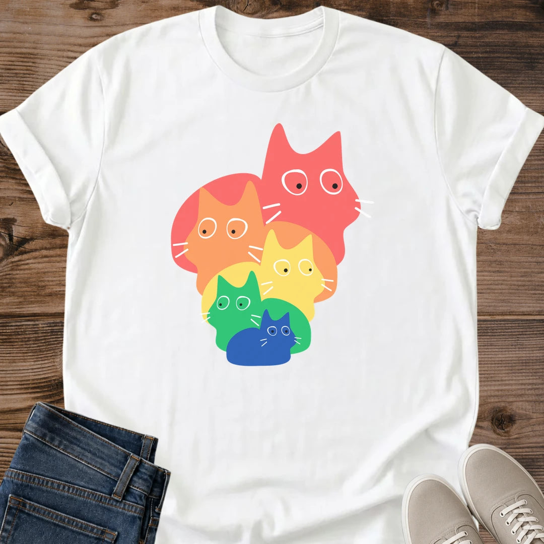 Cat T Shirt – Colorful Rainbow Stack Design Soft Cotton Graphic Tee
