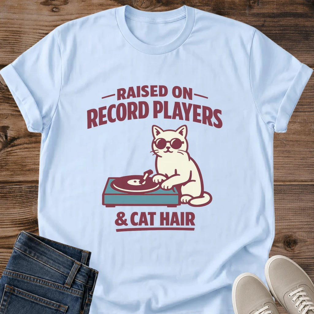 Graphic Tee Cat Music Design Vinyl Record Player Shirt Casual Wear Comfortable Fit Turntable Illustration Retro Style Music Lover Gift Collection Sunglasses Cat Design Lightweight Crew Neck Everyday Tee Weekend Wear Layering Essential