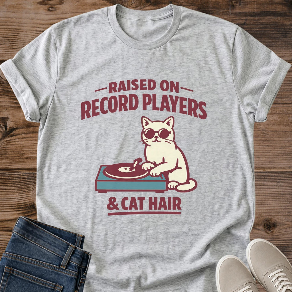 Cat Music Shirt Vinyl Record Player Design Graphic Tee Casual Wear Music Lover Gift Collection Turntable Illustration Retro Style Sunglasses Cat Design Lightweight Crew Neck Comfortable Fit Everyday Casual Tee Weekend Wear Layering