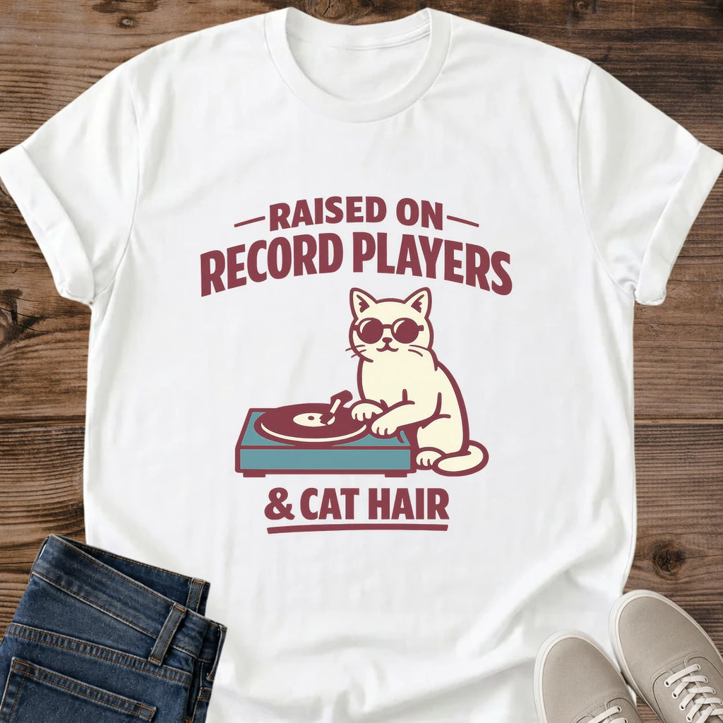 Vinyl Record Player Shirt Cat Music Design Retro Graphic Tee Turntable Illustration Style Music Lover Gift Collection Sunglasses Cat Design Lightweight Crew Neck Casual Wear Comfortable Fit Everyday Tee Weekend Layering Essential Perfect