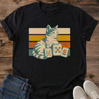 Tabby Cat Shirt Vintage Graphic Design Soft Cotton Tee Comfortable Casual Wear Retro Striped Pattern Sunset Color Style Lightweight Fabric Construction Perfect Game Night Outfit Cat Lover Gift Present Nostalgic Fashion Aesthetic Ribbed