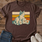 Vintage Fashion Tee Retro Cat Design Tabby Graphic Shirt Striped Sunset Pattern Nostalgic Style Aesthetic Soft Cotton Fabric Comfortable Casual Wear Game Night Outfit Perfect Cat Lover Gift Lightweight Material Construction Ribbed Collar