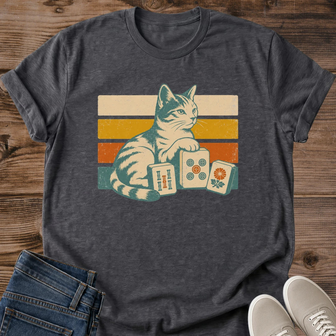 Vintage Fashion Tee Retro Cat Design Tabby Graphic Shirt Striped Sunset Pattern Nostalgic Style Aesthetic Soft Cotton Fabric Comfortable Casual Wear Game Night Outfit Perfect Cat Lover Gift Lightweight Material Construction Ribbed Collar