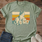 Casual Cotton Tee Soft Comfortable Wear Vintage Cat Graphic Design Tabby Stripe Pattern Retro Fashion Style Lightweight Fabric Construction Perfect Game Night Shirt Cat Lover Gift Present Nostalgic Vibe Aesthetic Sunset Color Design Ribbed