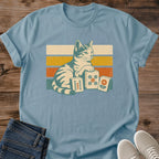 Graphic Tee Shirt Vintage Cat Design Tabby Theme Retro Striped Style Casual Cotton Wear Comfortable Everyday Fashion Soft Lightweight Fabric Game Night Outfit Perfect Cat Lover Present Nostalgic Aesthetic Sunset Pattern Ribbed Collar