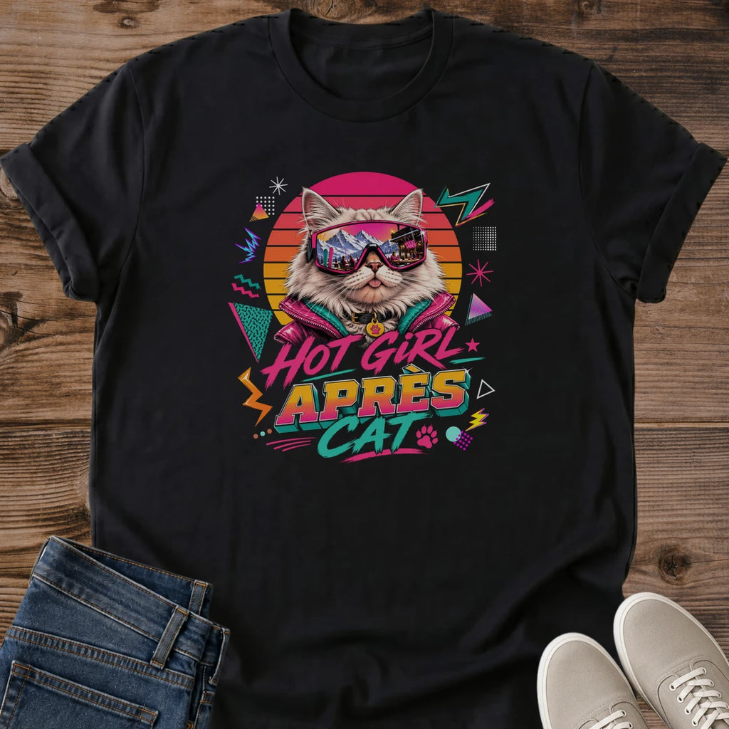 Nostalgic 80s Fashion Retro Cat Graphic Tee Neon Sunglasses Design Vintage Humor Shirt Soft Lightweight Cotton Casual Everyday Wear Comfortable Fit Perfect Cat Lover Gift Funny Statement Piece Bold Geometric Pattern Vintage Sun Accent
