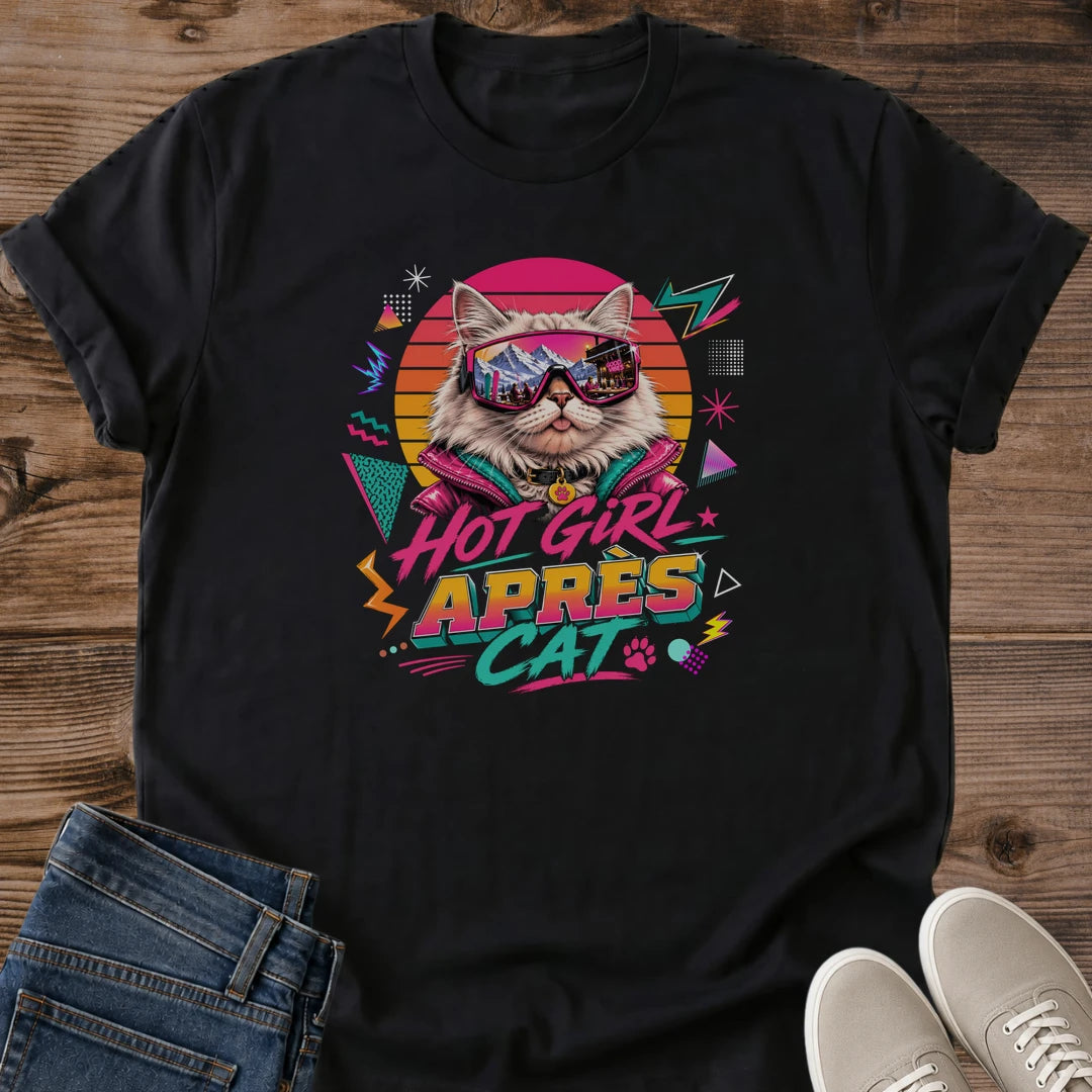 Nostalgic 80s Fashion Retro Cat Graphic Tee Neon Sunglasses Design Vintage Humor Shirt Soft Lightweight Cotton Casual Everyday Wear Comfortable Fit Perfect Cat Lover Gift Funny Statement Piece Bold Geometric Pattern Vintage Sun Accent