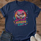 Vintage Graphic Tee 80s Neon Cat Design Bold Sunglasses Print Retro Style Shirt Soft Cotton Blend Fabric Comfortable Casual Wear Funny Humor Gift Perfect For Cat Enthusiasts Nostalgic Fashion Statement Geometric Pattern Details Lightweight