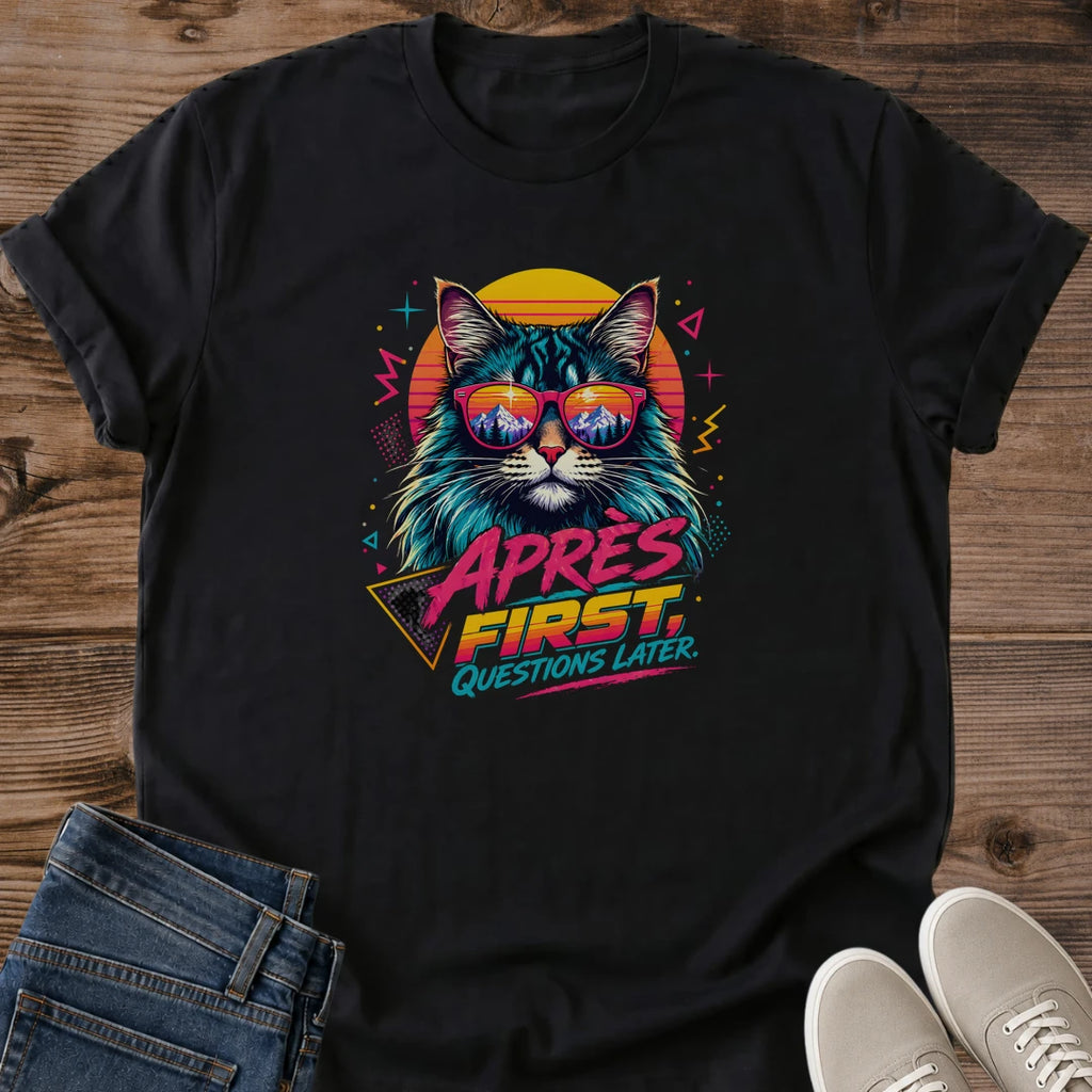 Vaporwave Cat Shirt Bold Neon Graphic Design Retro 80s Tee Black Crewneck Style Synthwave Aesthetic Fashion Sunset Reflection Cat Portrait Sunglasses Design Pink Yellow Turquoise Colors Music Festival Outfit Casual Wear Statement Piece
