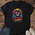 Vaporwave Cat Shirt Bold Neon Graphic Design Retro 80s Tee Black Crewneck Style Synthwave Aesthetic Fashion Sunset Reflection Cat Portrait Sunglasses Design Pink Yellow Turquoise Colors Music Festival Outfit Casual Wear Statement Piece