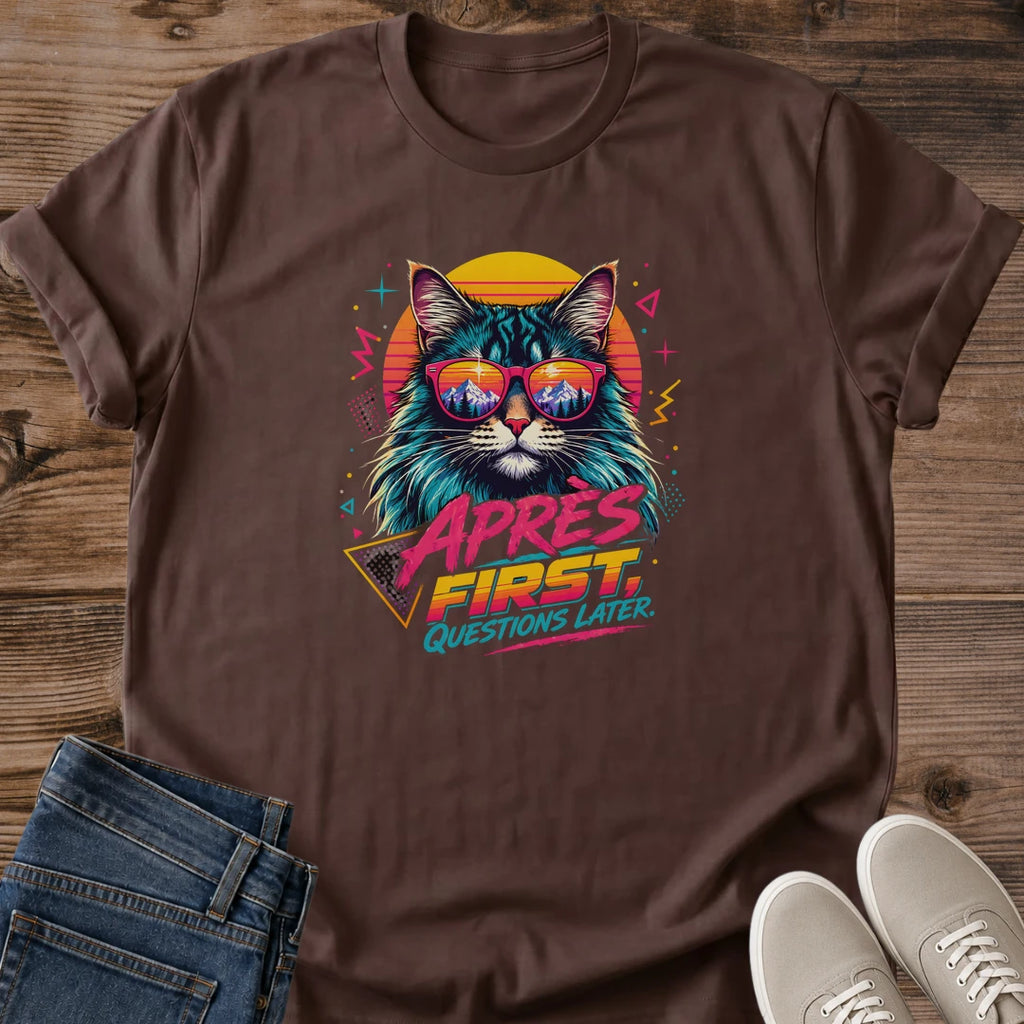 Neon Cat Graphic Tee Retro Design Black Shirt Cat Lover Gift Synthwave Aesthetic Vaporwave Style 80s Inspired Fashion Sunglasses Cat Portrait Sunset Colors Bold Pink Yellow Turquoise Design Casual Crewneck Tee Music Fan Apparel Vintage