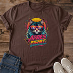 Neon Cat Graphic Tee Retro Design Black Shirt Cat Lover Gift Synthwave Aesthetic Vaporwave Style 80s Inspired Fashion Sunglasses Cat Portrait Sunset Colors Bold Pink Yellow Turquoise Design Casual Crewneck Tee Music Fan Apparel Vintage