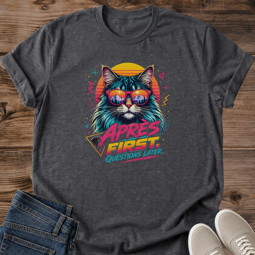 Retro Graphic Tee Neon Cat Design Casual Streetwear Shirt Black Crewneck Style 80s Synthwave Fashion Vaporwave Aesthetic Bold Sunset Colors Cat Portrait Sunglasses Pink Turquoise Yellow Design Music Lover Gift Everyday Wear Vintage Style