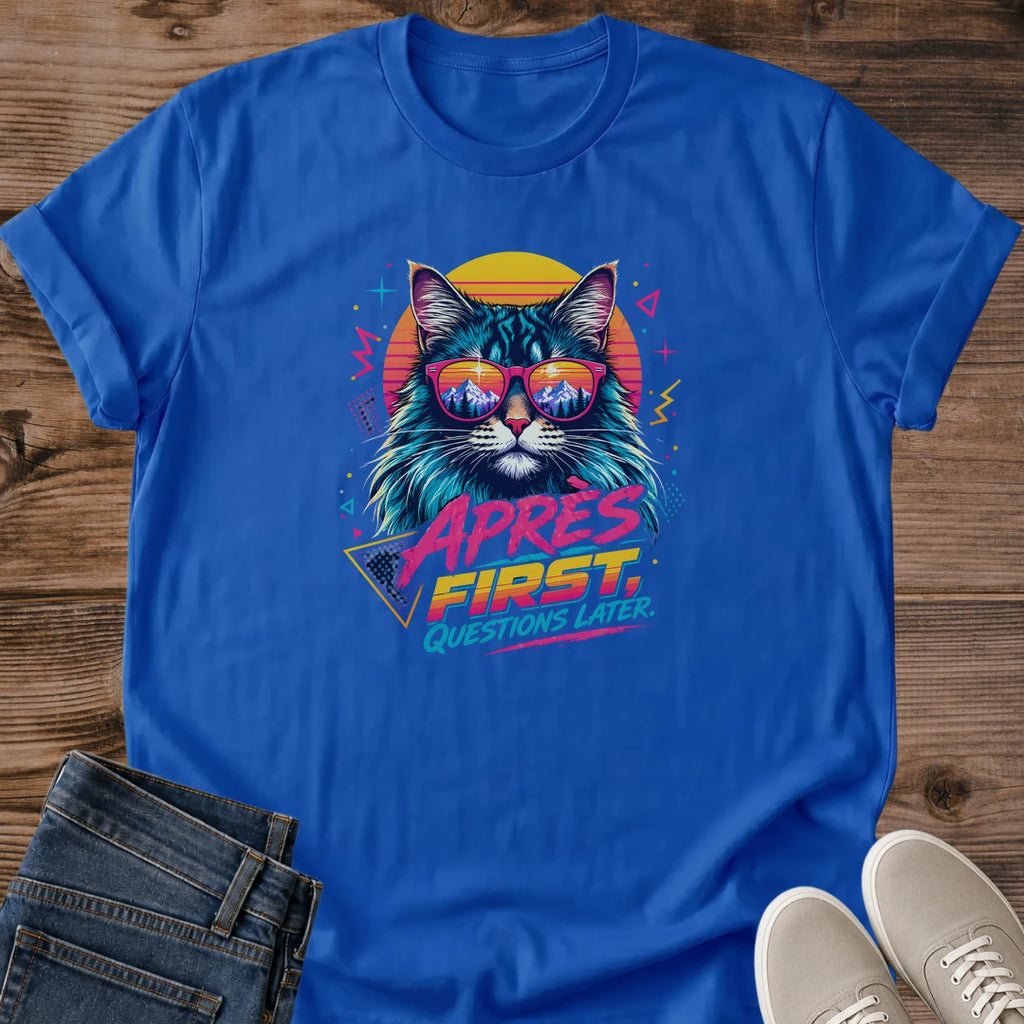 Synthwave Cat Shirt Retro Neon Design Graphic Tee Black Crewneck Cotton Blend 80s Aesthetic Vaporwave Style Sunset Reflection Sunglasses Cat Portrait Bold Pink Turquoise Yellow Colors Music Festival Outfit Casual Streetwear Fashion