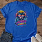Synthwave Cat Shirt Retro Neon Design Graphic Tee Black Crewneck Cotton Blend 80s Aesthetic Vaporwave Style Sunset Reflection Sunglasses Cat Portrait Bold Pink Turquoise Yellow Colors Music Festival Outfit Casual Streetwear Fashion