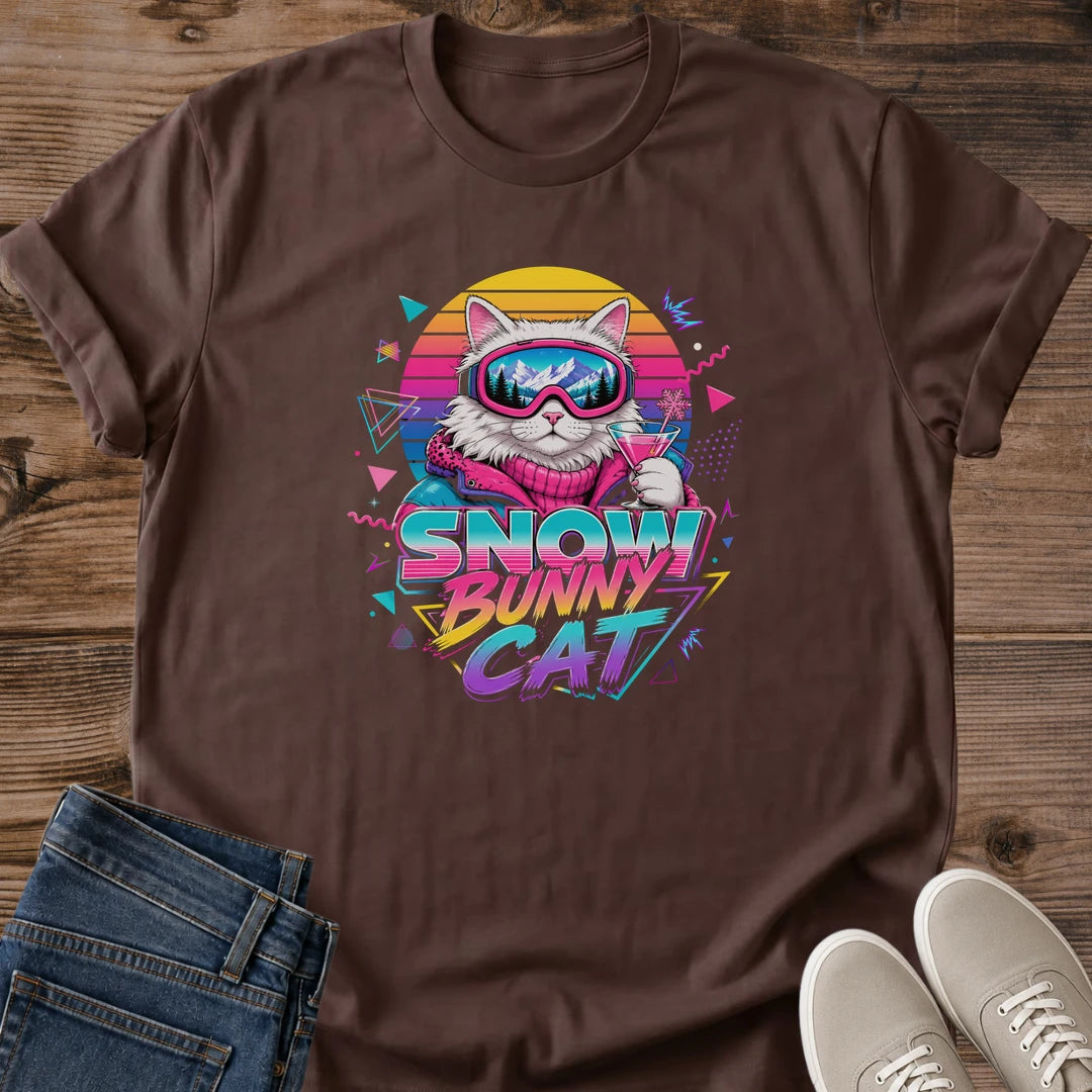Retro Ski Shirt Vintage 80s Style Graphic Tee Neon Cat Design Ski Goggle Print Sunset Gradient Colors Lightweight Cotton Fabric Breathable Material Crew Neck Apres Ski Fashion Mountain Resort Wear Casual Weekend Style Ski Enthusiast Gift