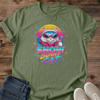 Casual Cotton Tee Retro Graphic Design Vintage Ski Theme Neon Cat Print 80s Style Shirt Lightweight Breathable Fabric Crew Neck Comfort Apres Ski Wear Mountain Fashion Statement Cat Lover Gift Ski Resort Style Vintage Clothing Playful