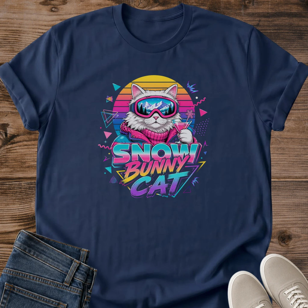 Neon Cat Graphic Tee Vintage Ski Theme Retro 80s Fashion Bold Sunset Colors Ski Goggle Design Lightweight Cotton Shirt Crew Neck Style Apres Ski Outfit Mountain Vacation Wear Cat Lover Gift Idea Ski Resort Fashion Breathable Fabric