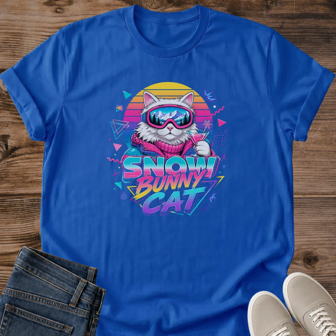 Vintage 80s Tee Retro Ski Design Neon Sunset Gradient Cat Graphic Ski Goggle Print Arcade Style Shirt Lightweight Cotton Material Breathable Crew Neck Apres Ski Clothing Mountain Lodge Fashion Retro Winter Wear Casual Style Gift Ski