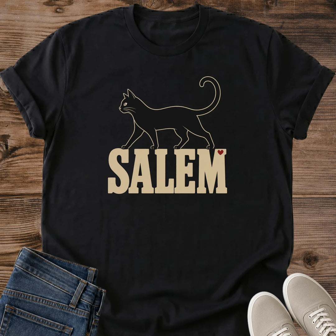 Black Cat Halloween Shirt Salem Cat Graphic Tee Single Line Cat Silhouette Vintage Witchy Design Cat Lover Gift Softstyle Ring Spun Cotton Relaxed Fit Casual Fall Wear Minimalist Cat Tee