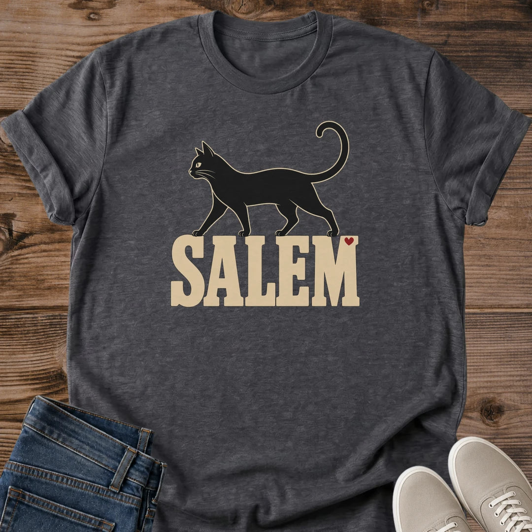 Salem Cat Tee Witchy Halloween Graphic Shirt Minimalist Black Cat Silhouette Vintage Hometown Design Cat Owner Gift Comfortable Softstyle Cotton Casual Everyday Fall Wear Black Cat Graphic Tee