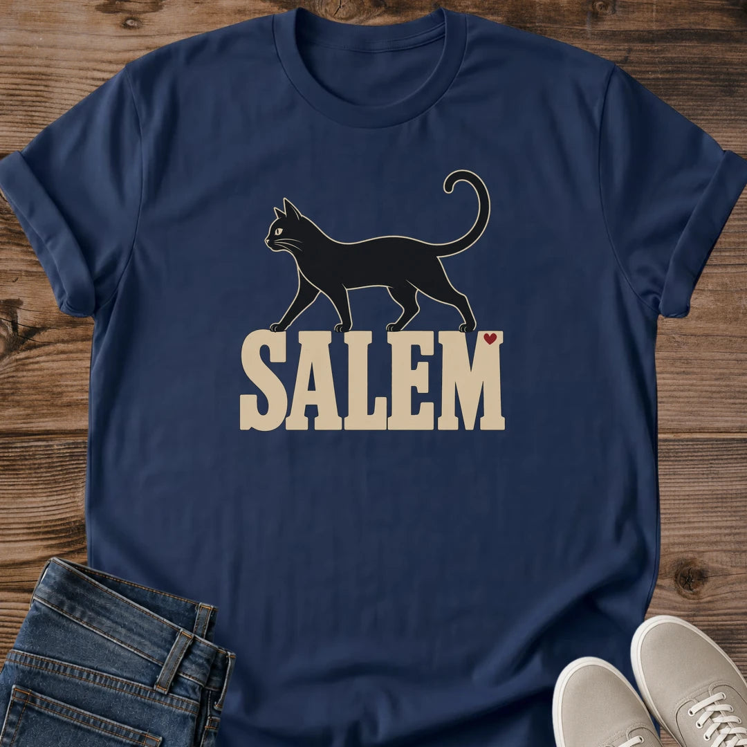 Halloween Cat Tee Salem Black Cat Graphic Shirt Minimalist Cat Silhouette Vintage Witchy Design Cat Mom Gift Comfortable Softstyle Cotton Everyday Casual Wear Salem Souvenir Cat Shirt