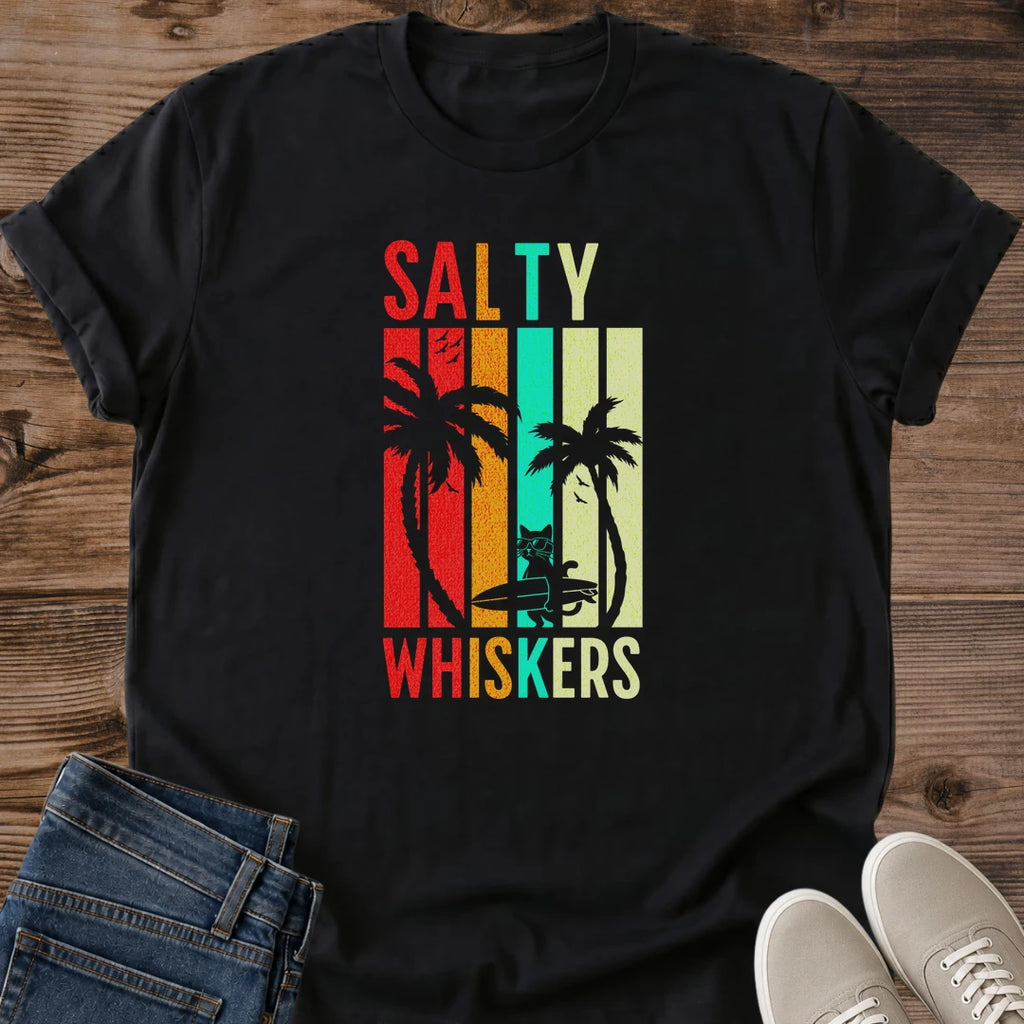 Cat Lover Gift Beach Shirt Retro Vintage Design Funny Surf Cat Graphic Sunglasses Longboard Illustration Soft Unisex Summer Tee Beach Vacation Essential Casual Wear Retro Stripe Pattern Sunset Colors Beach Day Outfit Boardwalk Style
