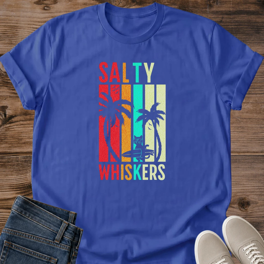 Retro Vintage Cat Shirt Surf Beach Design Unisex Summer Tee Soft Lightweight Fabric Cat Lover Beach Day Gift Funny Sunglasses Cat Longboard Graphic Casual Beach Wear Retro Stripe Pattern Sunset Colors Vacation Outfit Boardwalk Style Summer