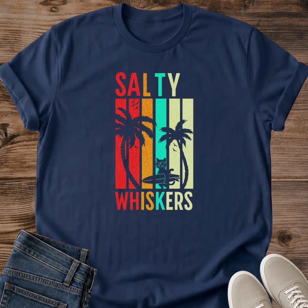 Surf Cat Shirt Retro Beach Design Vintage Stripe Pattern Sunglasses Cat Longboard Graphic Soft Lightweight Unisex Tee Summer Wear Beach Vacation Outfit Casual Style Cat Lover Gift Perfect Beach Day Essential Retro Sunset Colors Funny Design