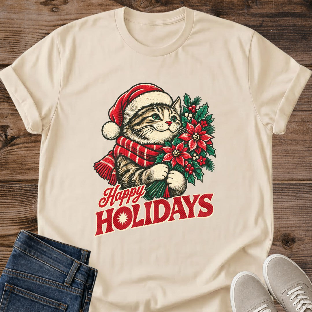 Sand-colored Happy Holidays cat Christmas shirt, festive short-sleeve graphic tee