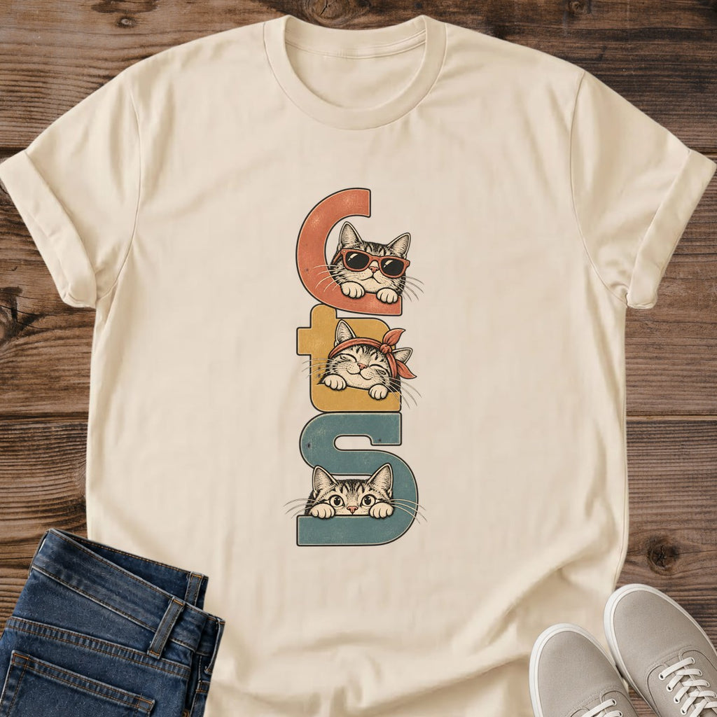 Retro Cat Tee Cats Peeking Behind Letters Typography Design Cute Cat Lover Gift For Her Softstyle Cotton Comfortable Relaxed Fit Casual Weekend Wear Vintage Print Cat Mom Statement Apparel Everyday Layering Piece For Fun