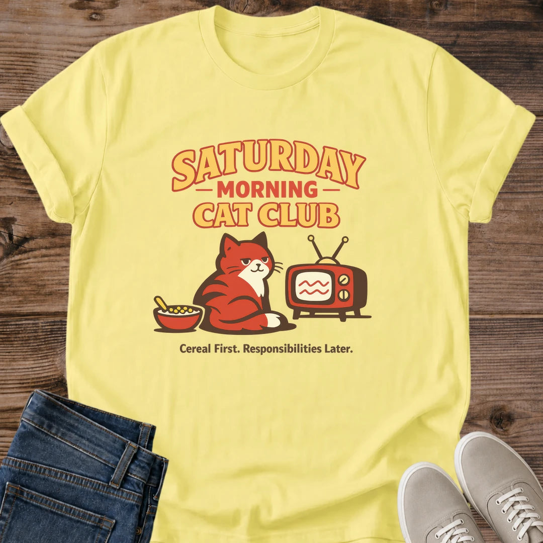 Cat Lover Tshirt Retro Graphic Design Vintage Fashion Statement Nostalgic Saturday Theme Comfortable Casual Wear Cozy Weekend Shirt Soft Cotton Fabric Lightweight Unisex Tee Relaxed Fit Style Bold Typography Cat Owner Gift Perfect Daily