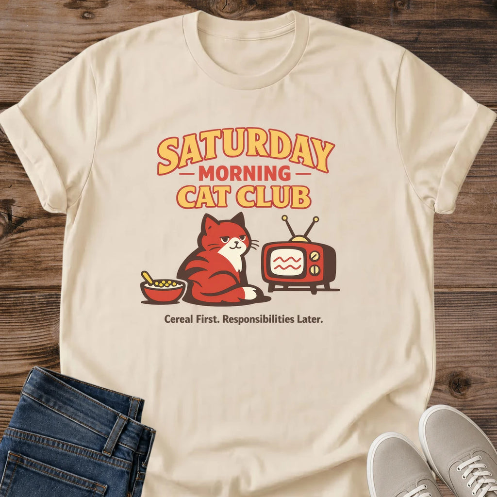 Vintage Fashion Tee Retro Cat Graphic Nostalgic Design Statement Saturday Morning Theme Comfortable Daily Wear Cozy Casual Shirt Soft Lightweight Cotton Cat Lover Apparel Unisex Fit Relaxed Style Bold Typography Perfect Gift Cat Owner