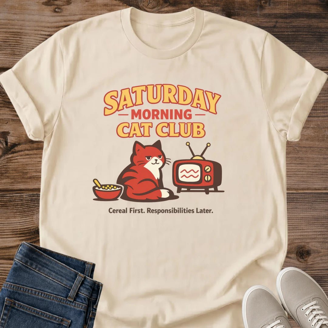 Vintage Fashion Tee Retro Cat Graphic Nostalgic Design Statement Saturday Morning Theme Comfortable Daily Wear Cozy Casual Shirt Soft Lightweight Cotton Cat Lover Apparel Unisex Fit Relaxed Style Bold Typography Perfect Gift Cat Owner